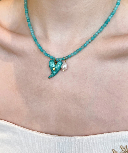 Bohemian Blue Alloy Floral Love Pearl Cat's Eye Stone Beading Pendant Necklace Two-piece set