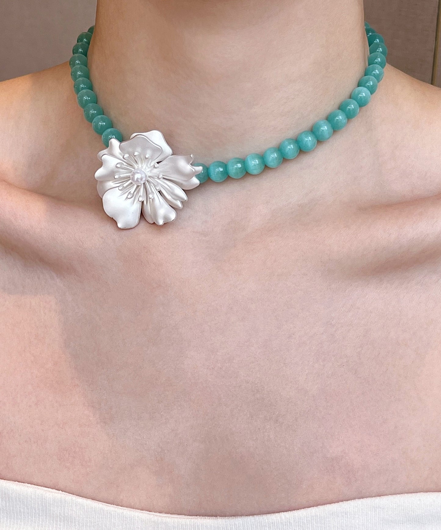 Bohemian Blue Alloy Floral Love Pearl Cat's Eye Stone Beading Pendant Necklace Two-piece set