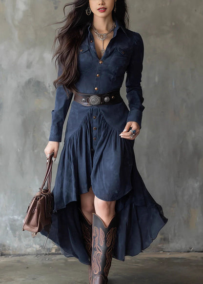 Bohemian Blue Asymmetrical Design Patchwork Faux Suede Dress Fall