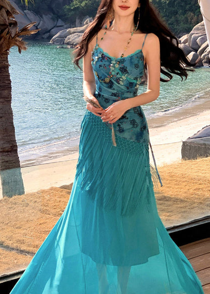 Bohemian Blue Asymmetrical Patchwork Tassel Maxi Spaghetti Strap Dress Sleeveless