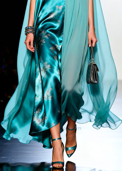 Bohemian Blue Asymmetrical Patchwork Tulle Maxi Dresses Sleeveless