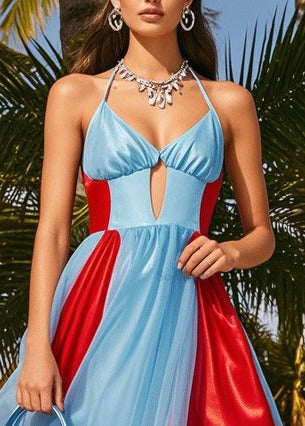 Bohemian Blue Bustier Top Patchwork Chiffon Holiday Dress Summer