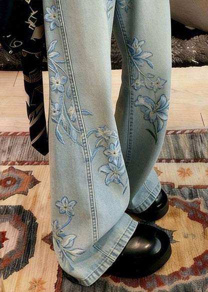 Bohemian Blue Embroidered Floral Denim Wide Leg Pants Spring