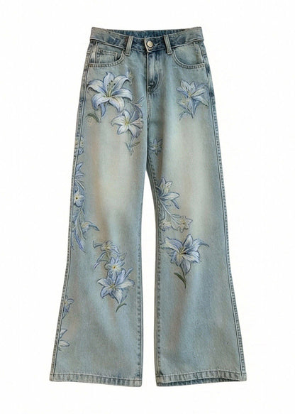 Bohemian Blue Embroidered Floral Denim Wide Leg Pants Spring