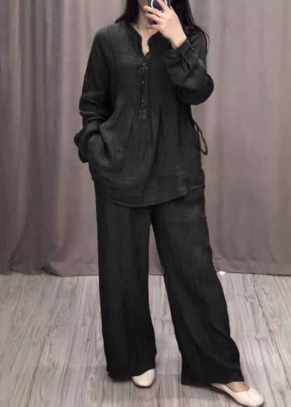Bohemian Blue O-Neck Shirts And Wide Leg Pants Two Pieces Set Spring