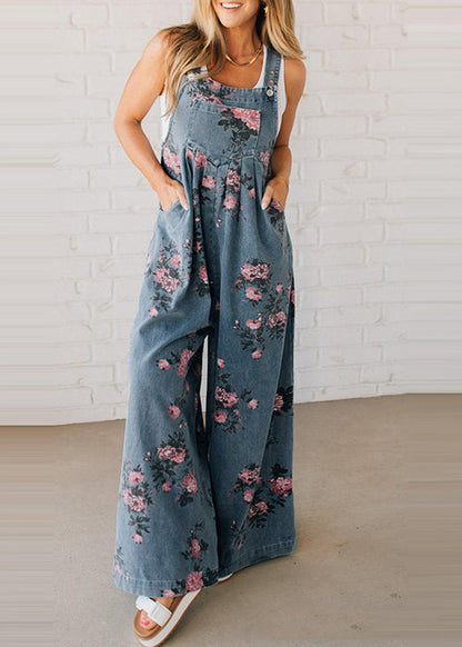 Bohemian Blue Oversized Print Denim Jumpsuits Spring