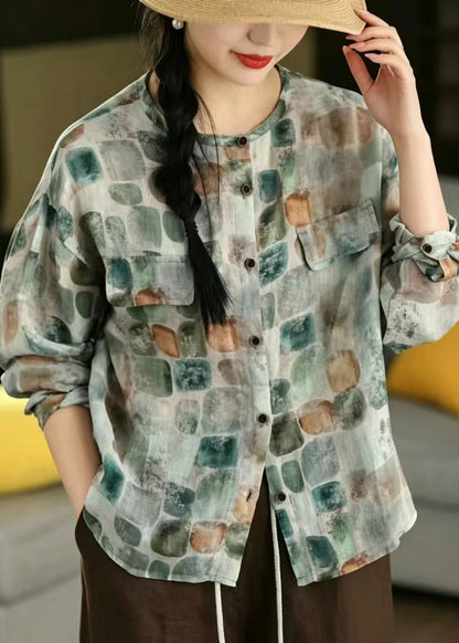 Bohemian Blue Oversized Print Linen Shirts Spring