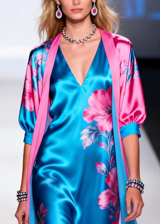 Bohemian Blue Print Draping Silk Dress And Cardigan Two Pieces Set Summer