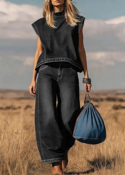 Bohemian Blue Stand Collar Oversized Denim Two Pieces Set Sleeveless