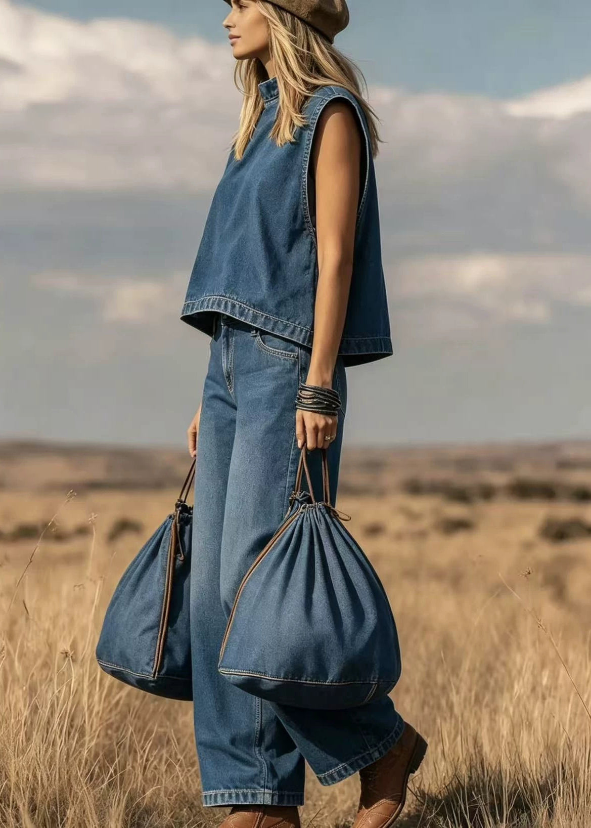 Bohemian Blue Stand Collar Oversized Denim Two Pieces Set Sleeveless