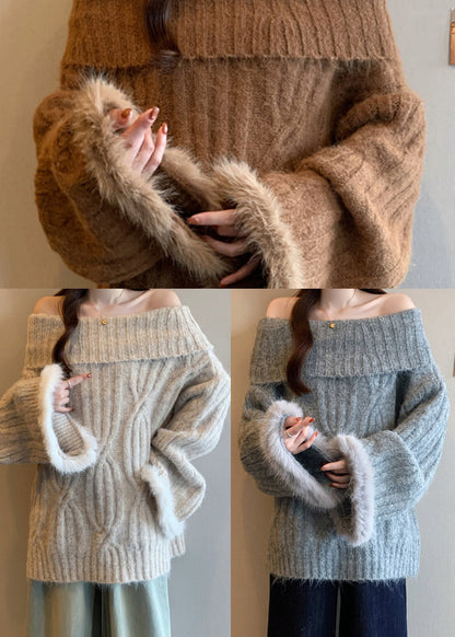 Bohemian Brown Cold Shoulder Patchwork Faux Fur Knitted Tops Winter