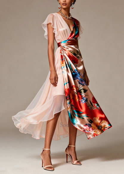 Bohemian Champagne Asymmetrical Print Silk Evening Dress Butterfly Sleeve