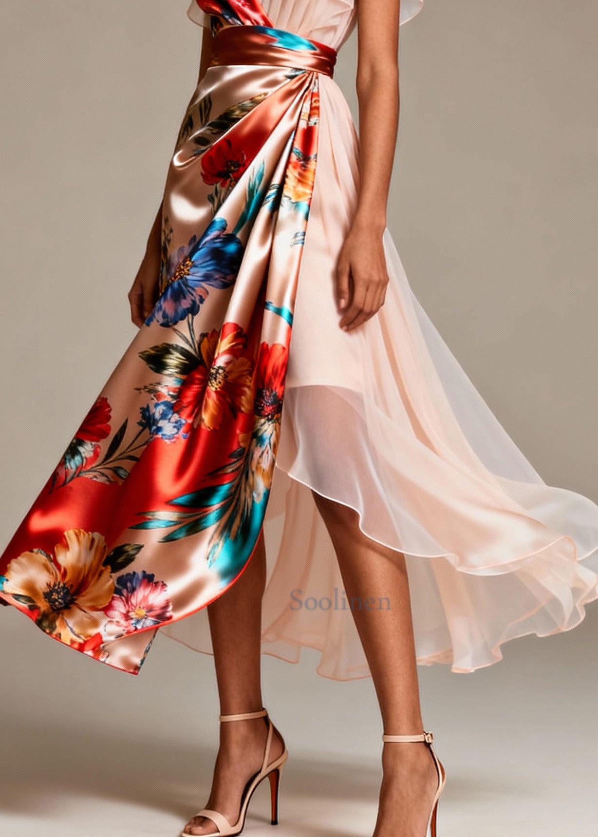 Bohemian Champagne Asymmetrical Print Silk Evening Dress Butterfly Sleeve