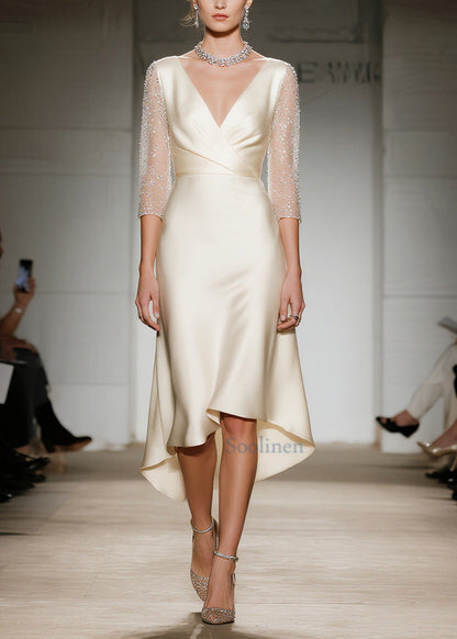 Bohemian Champagne V Neck Patchwork Silk Dresses Summer