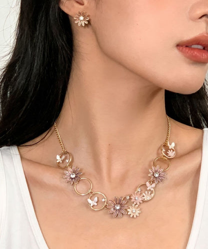 Bohemian Coffee Alloy Hollow Out Daisy Butterfly Pendant Necklace And Stud Earrings Two-Piece Set