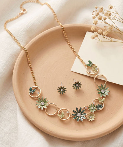 Bohemian Coffee Alloy Hollow Out Daisy Butterfly Pendant Necklace And Stud Earrings Two-Piece Set
