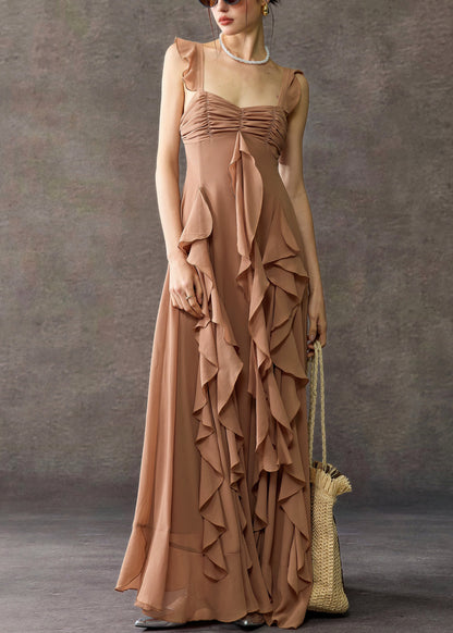 Bohemian Coffee Square Collar Ruffled Cotton Long Dress Summer
