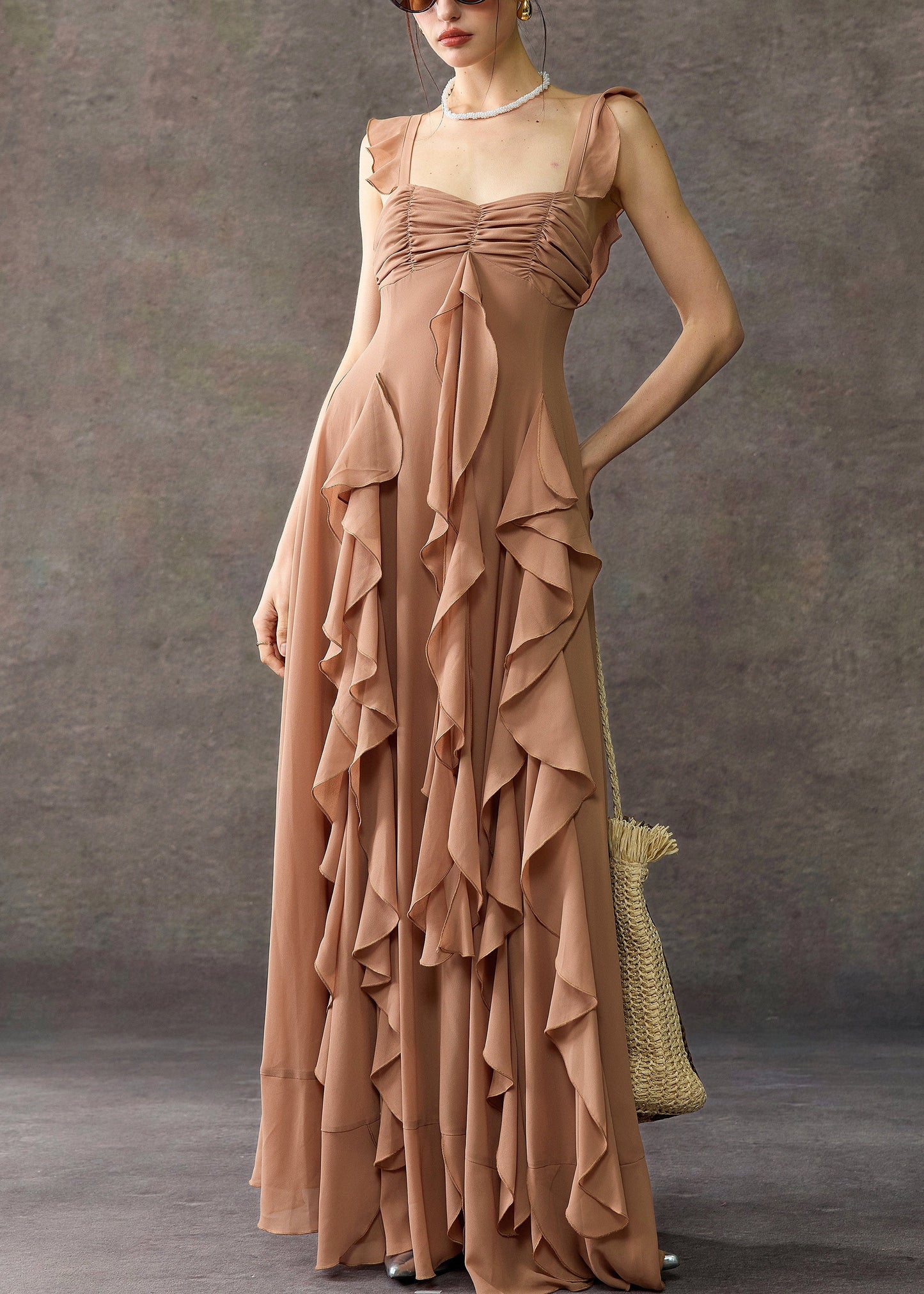 Bohemian Coffee Square Collar Ruffled Cotton Long Dress Summer