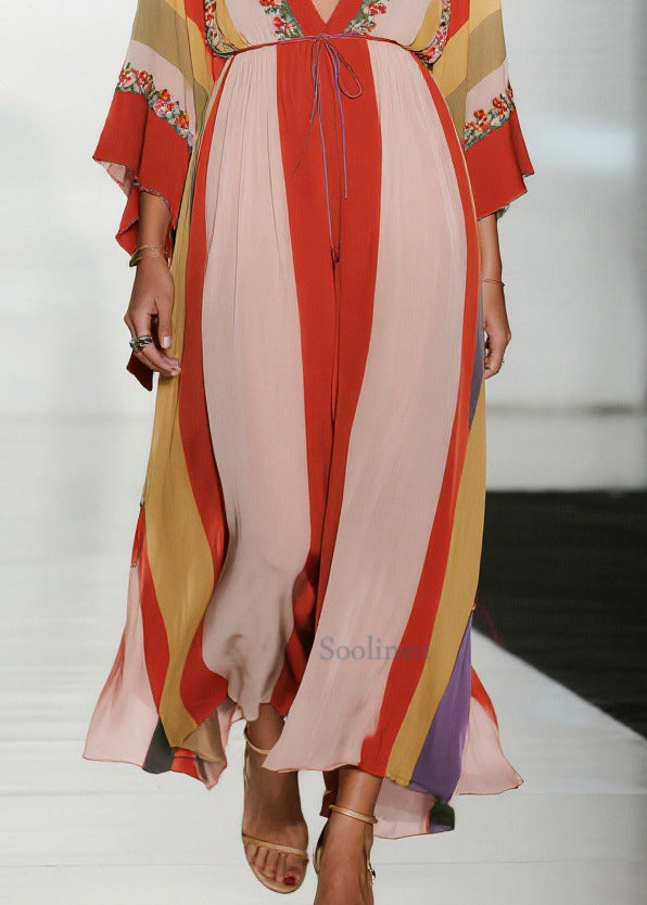 Bohemian Colorblock Deep-V Neck Striped Chiffon Dress Summer