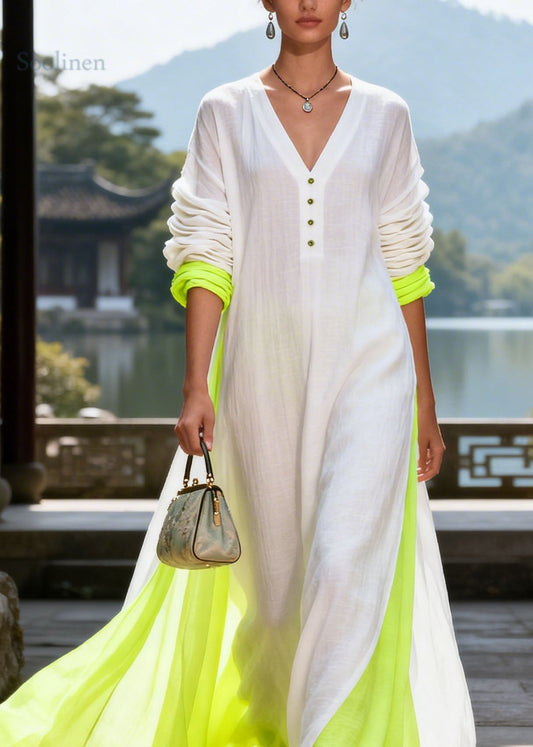 Bohemian Colorblock V Neck Patchwork Cotton Long Dress Summer