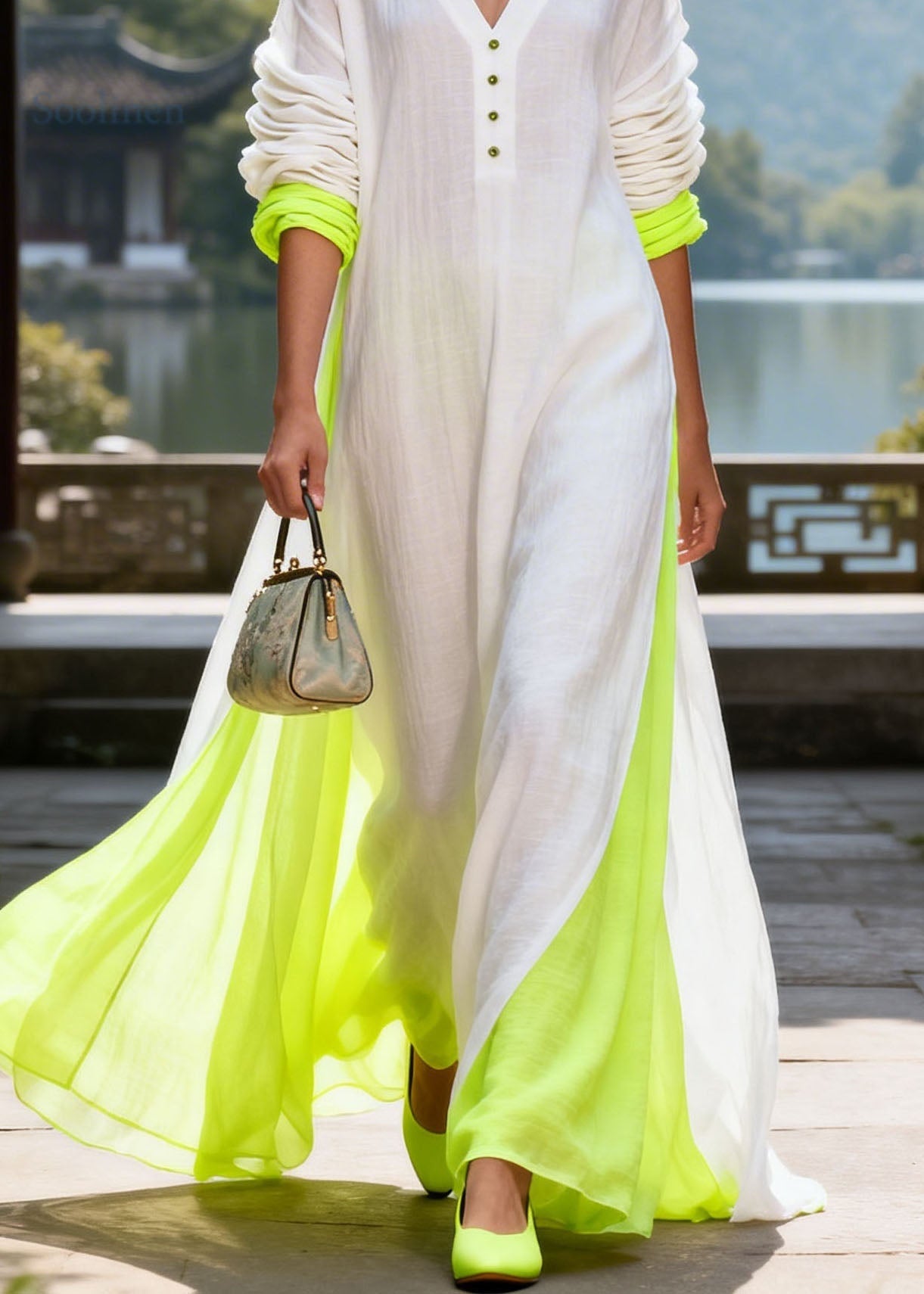 Bohemian Colorblock V Neck Patchwork Cotton Long Dress Summer