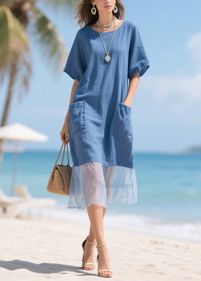 Bohemian Denim Blue Pockets Patchwork Tulle Cotton Long Dress Summer