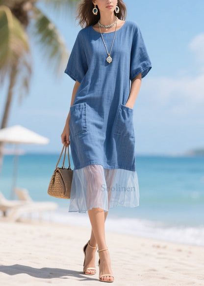 Bohemian Denim Blue Pockets Patchwork Tulle Cotton Long Dress Summer