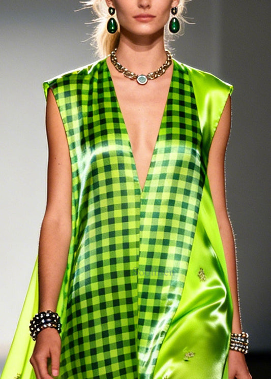 Bohemian Fluorescent Green Plaid Patchwork Silk Ankle Dress Sleeveless