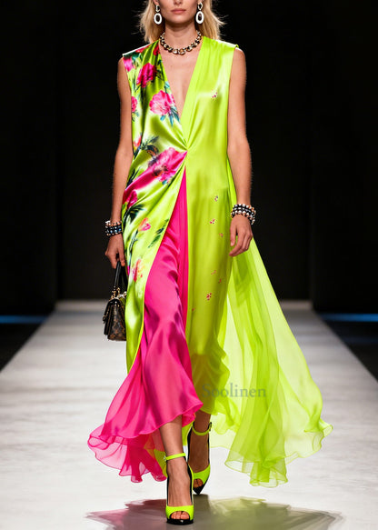 Bohemian Fluorescent Green Print Patchwork Chiffon Vacation Dresses Sleeveless
