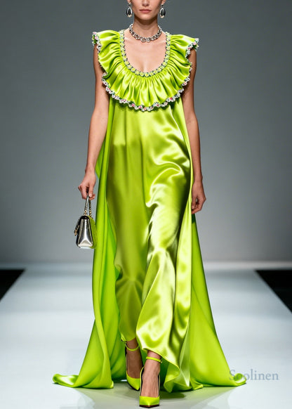 Bohemian Fluorescent Green Ruffled Exra Large Hem Silk Maxi Dresses Sleeveless