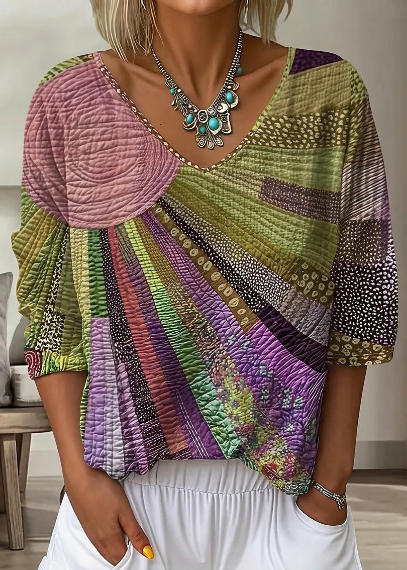 Bohemian Gold V Neck Print Cotton T Shirt Bracelet Sleeve