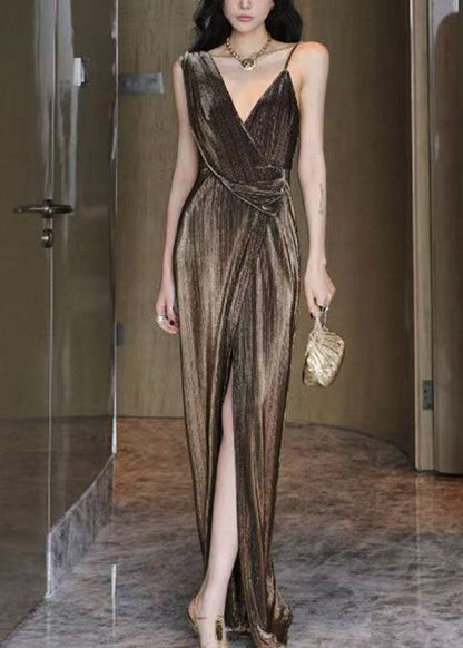 Bohemian Gold V Neck Side Open Maxi Dress Summer