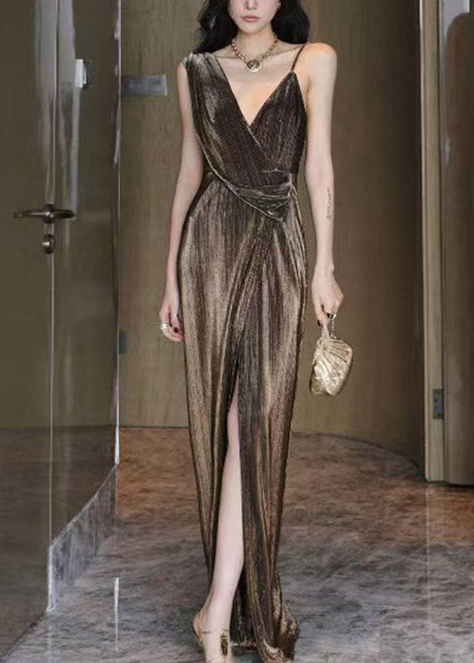Bohemian Gold V Neck Side Open Maxi Dress Summer