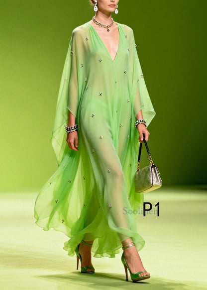 Bohemian Grass Green Oversized Print Chiffon Robe Dresses Summer