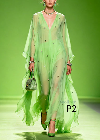 Bohemian Grass Green Oversized Print Chiffon Robe Dresses Summer