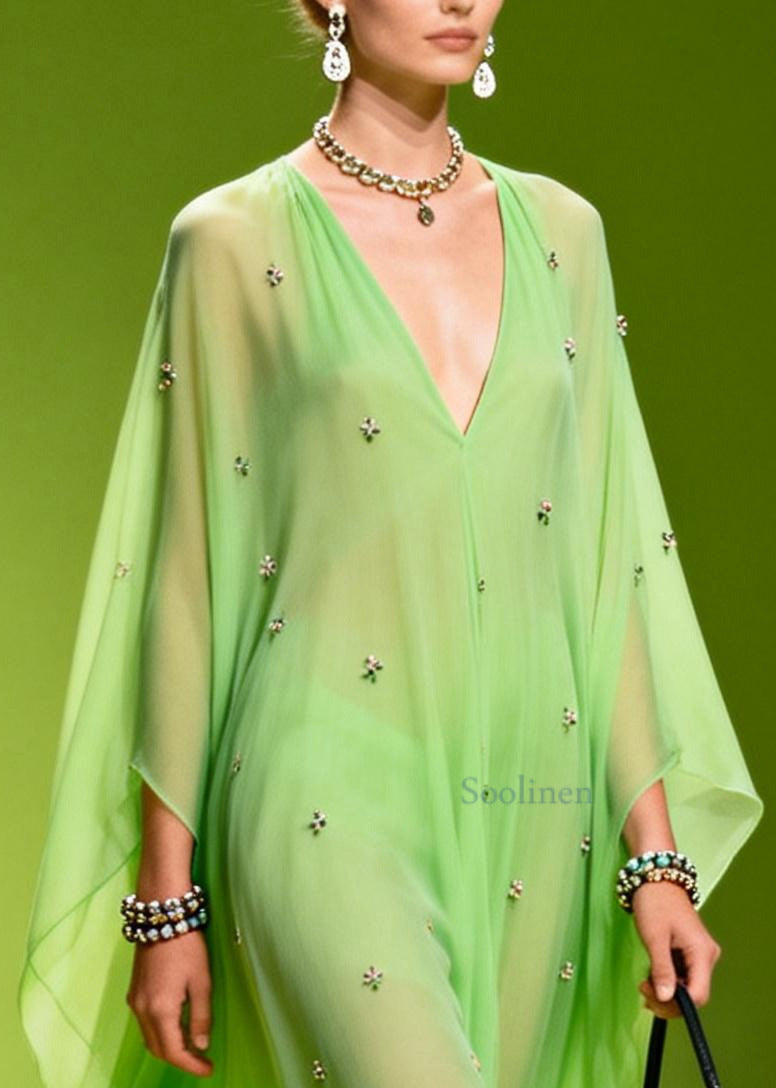 Bohemian Grass Green Oversized Print Chiffon Robe Dresses Summer