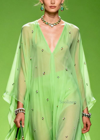 Bohemian Grass Green Oversized Print Chiffon Robe Dresses Summer