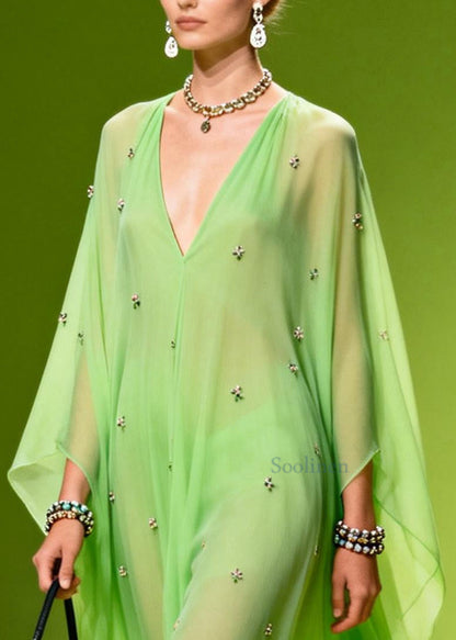 Bohemian Grass Green Oversized Print Chiffon Robe Dresses Summer