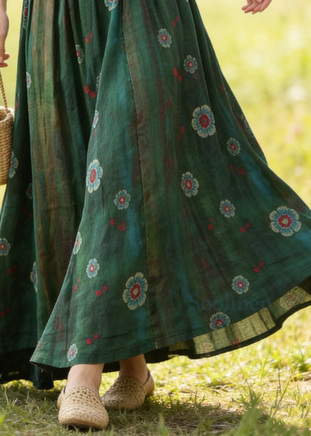 Bohemian Green Elastic Waist Print Linen Skirts Summer