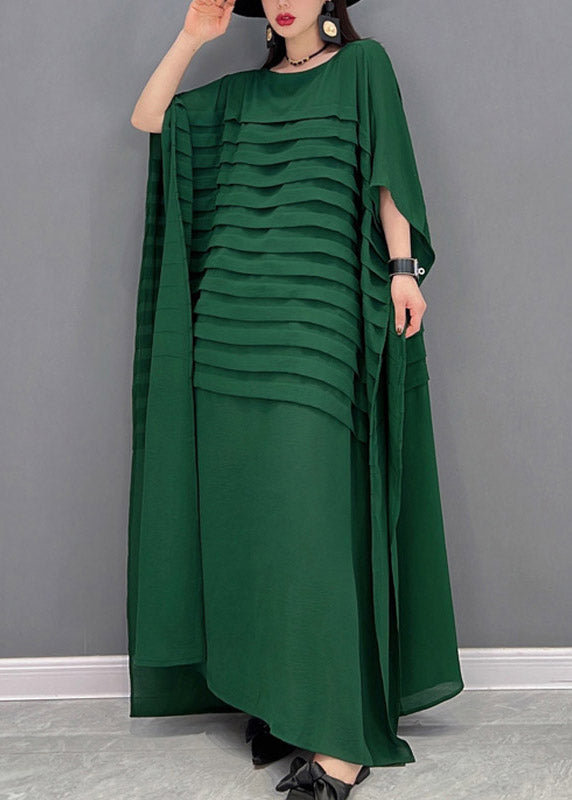 Grace Print3 O-Neck Striped Chiffon Ankle Dress Batwing Sleeve