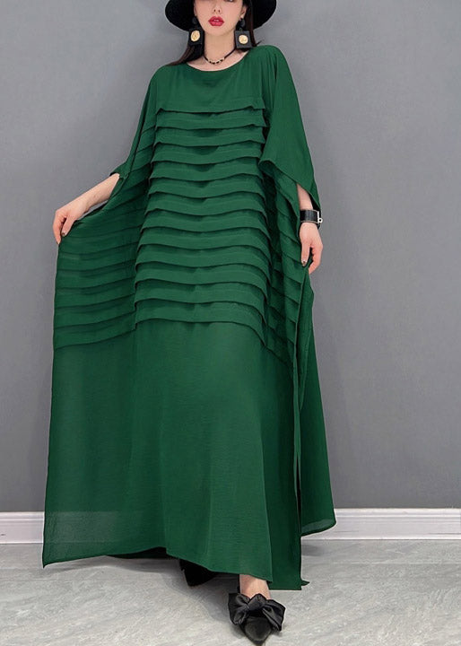 Grace Print5 O-Neck Striped Chiffon Ankle Dress Batwing Sleeve