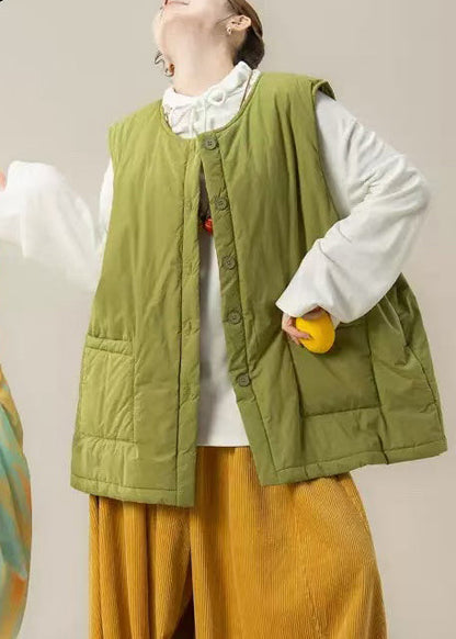 Bohemian Green Oversized Pockets Fine Cotton Filled Winter Vests