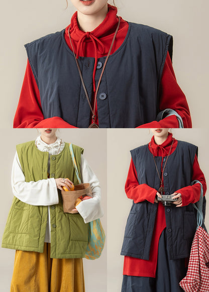 Bohemian Green Oversized Pockets Fine Cotton Filled Winter Vests