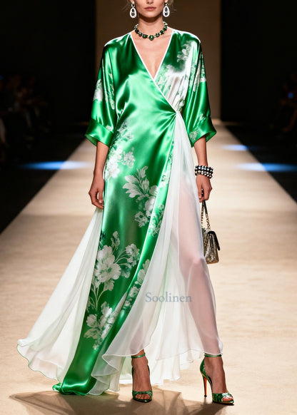Bohemian Green Patchwork Exra Large Hem Silk Vacation Dresses Summer