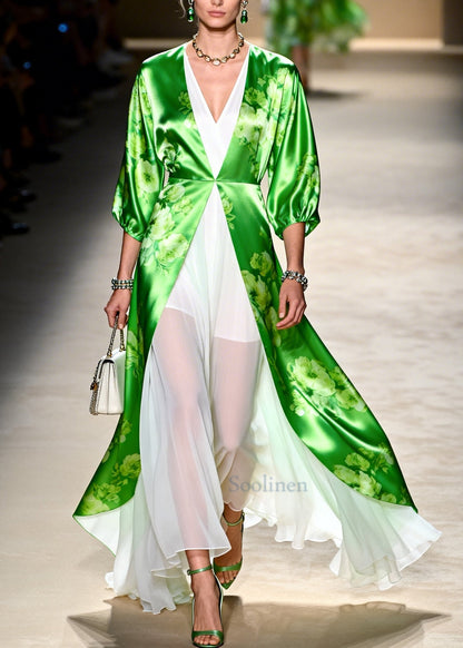 Bohemian Green Print Chiffon Holiday Dress Two Piece Set Summer