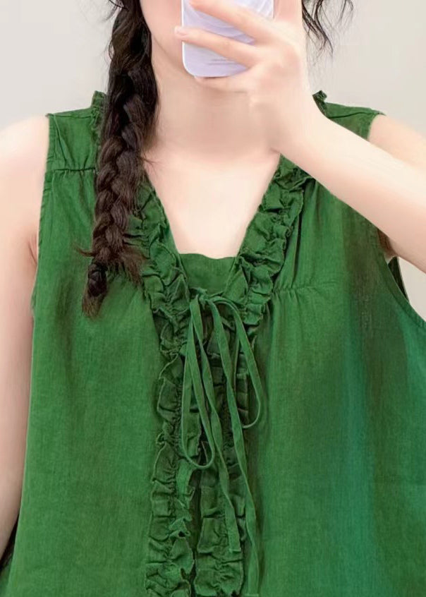 Bohemian Green Ruffled Lace Up Linen Blouse Top Summer