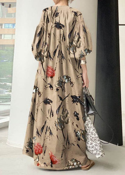 Bohemian Green V Neck Print Cotton Dresses Lantern Sleeve