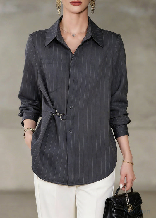 Bohemian Grey Asymmetrical Striped Cotton Shirt Top Spring