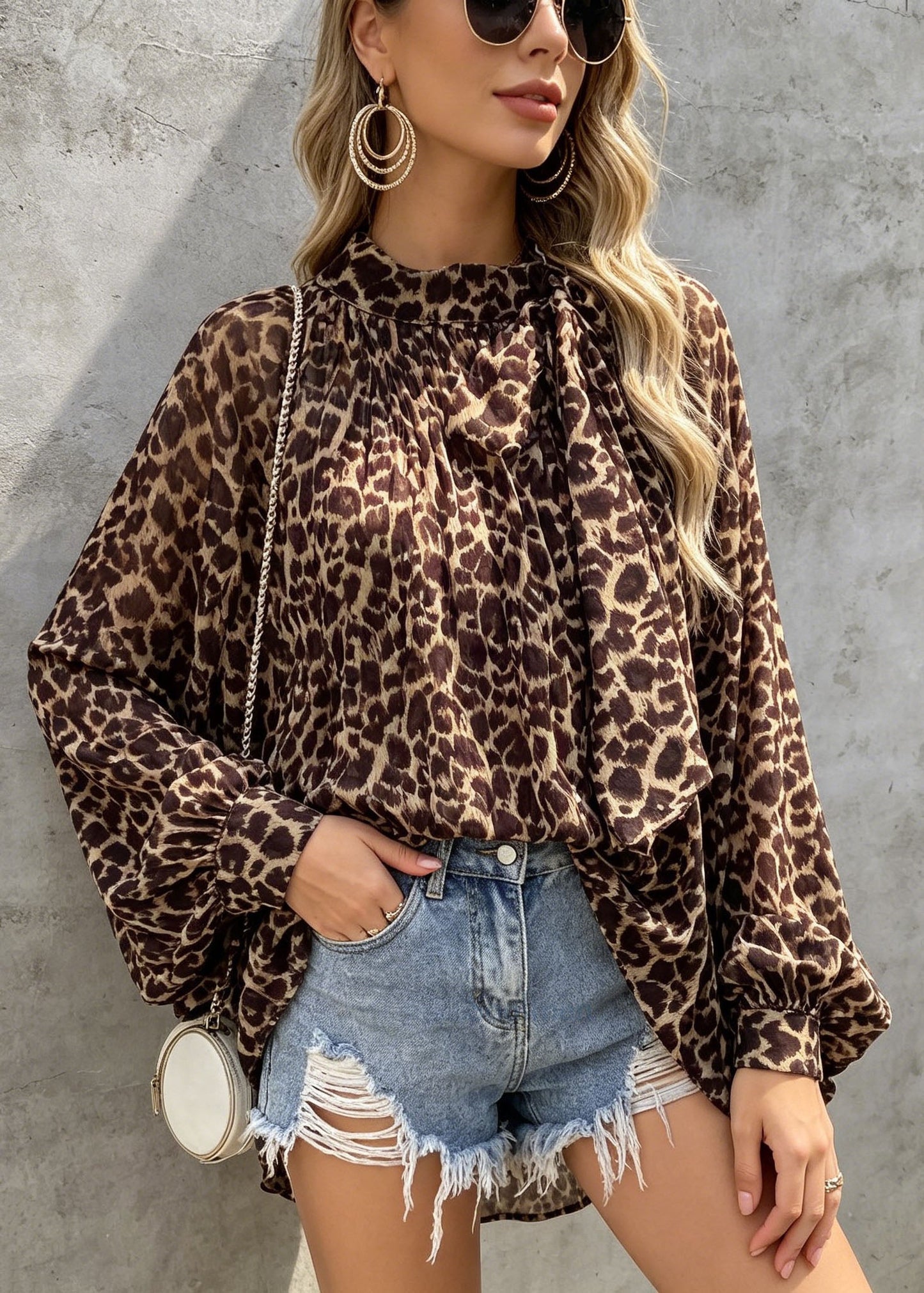 Bohemian Leopard Print Bow Chiffon Shirts Tops Spring
