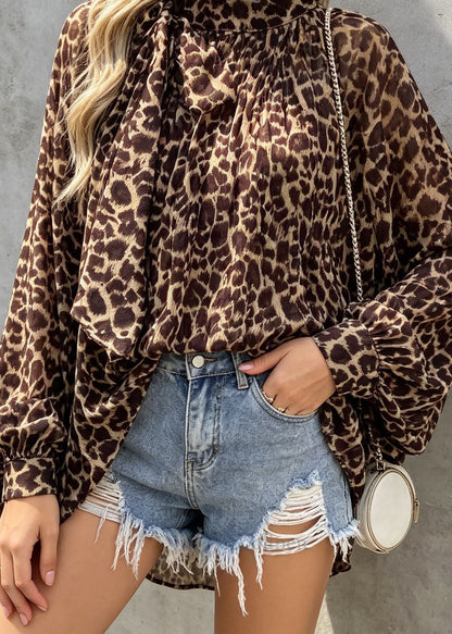 Bohemian Leopard Print Bow Chiffon Shirts Tops Spring